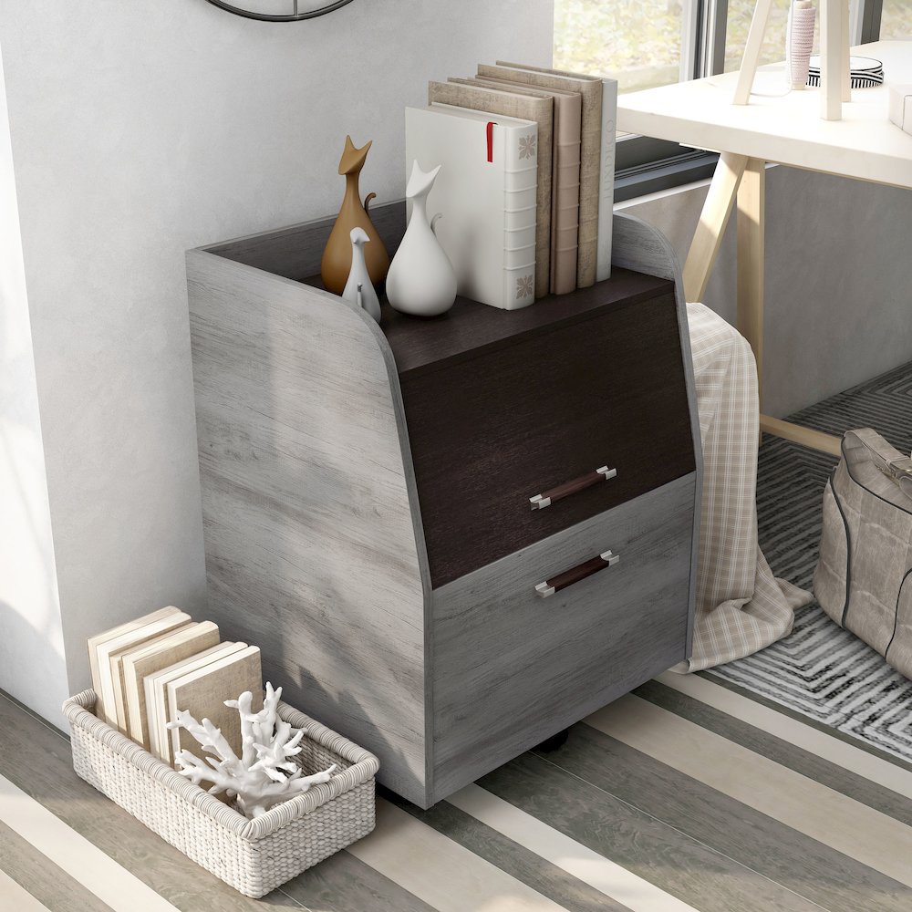 Anneta 1-Drawer and 1-Shelf Wood File Cabinet with Caster, Vintage Gray Oak. Picture 3