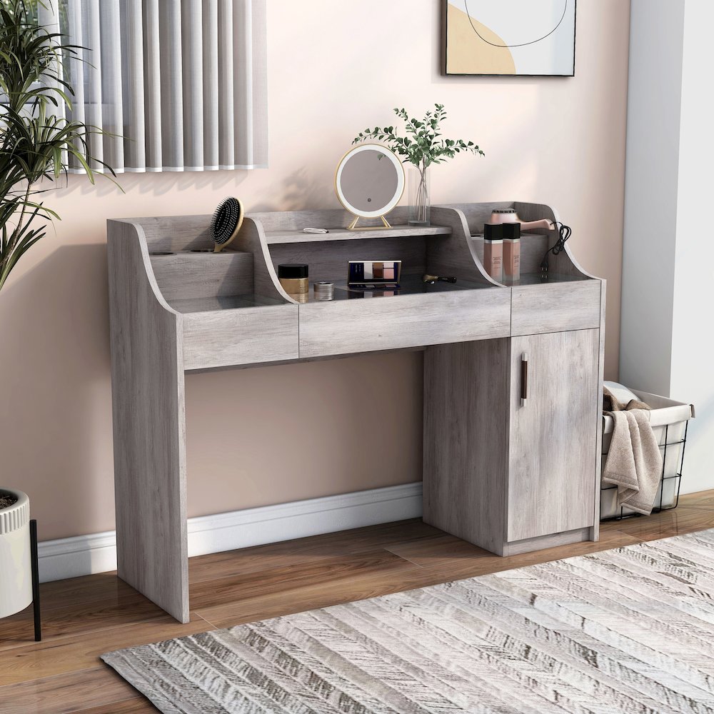 Elm Wood Multi-Storage Vanity Table in Coastal White. Picture 5