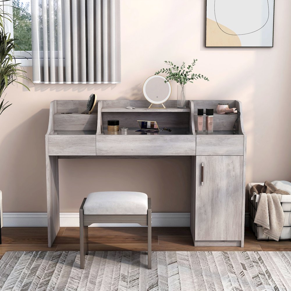 Elm Wood Multi-Storage Vanity Table in Coastal White. Picture 3