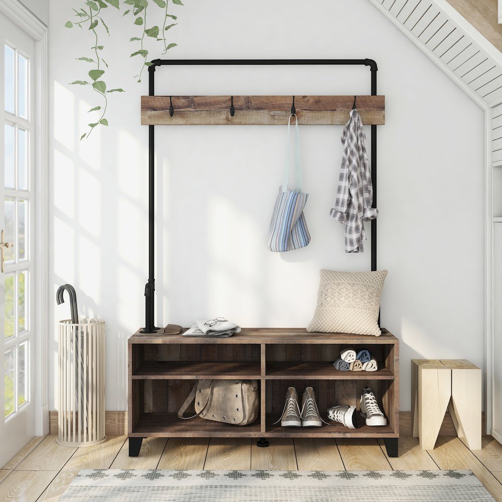 Musa 4-Shelf Wood Reclaimed Barnwood Hall Tree with 4-Hook. Picture 5