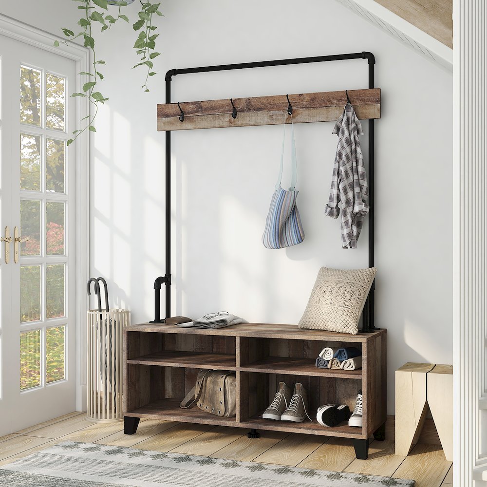 Musa 4-Shelf Wood Reclaimed Barnwood Hall Tree with 4-Hook. Picture 3