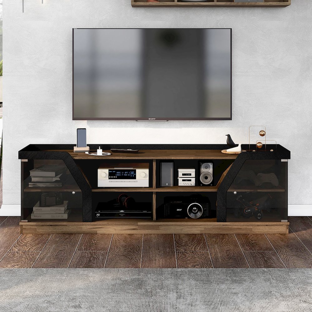 Mounthill 8-Shelf Wood 70" TV Stand with 2 Doors, Light Hickory. Picture 4