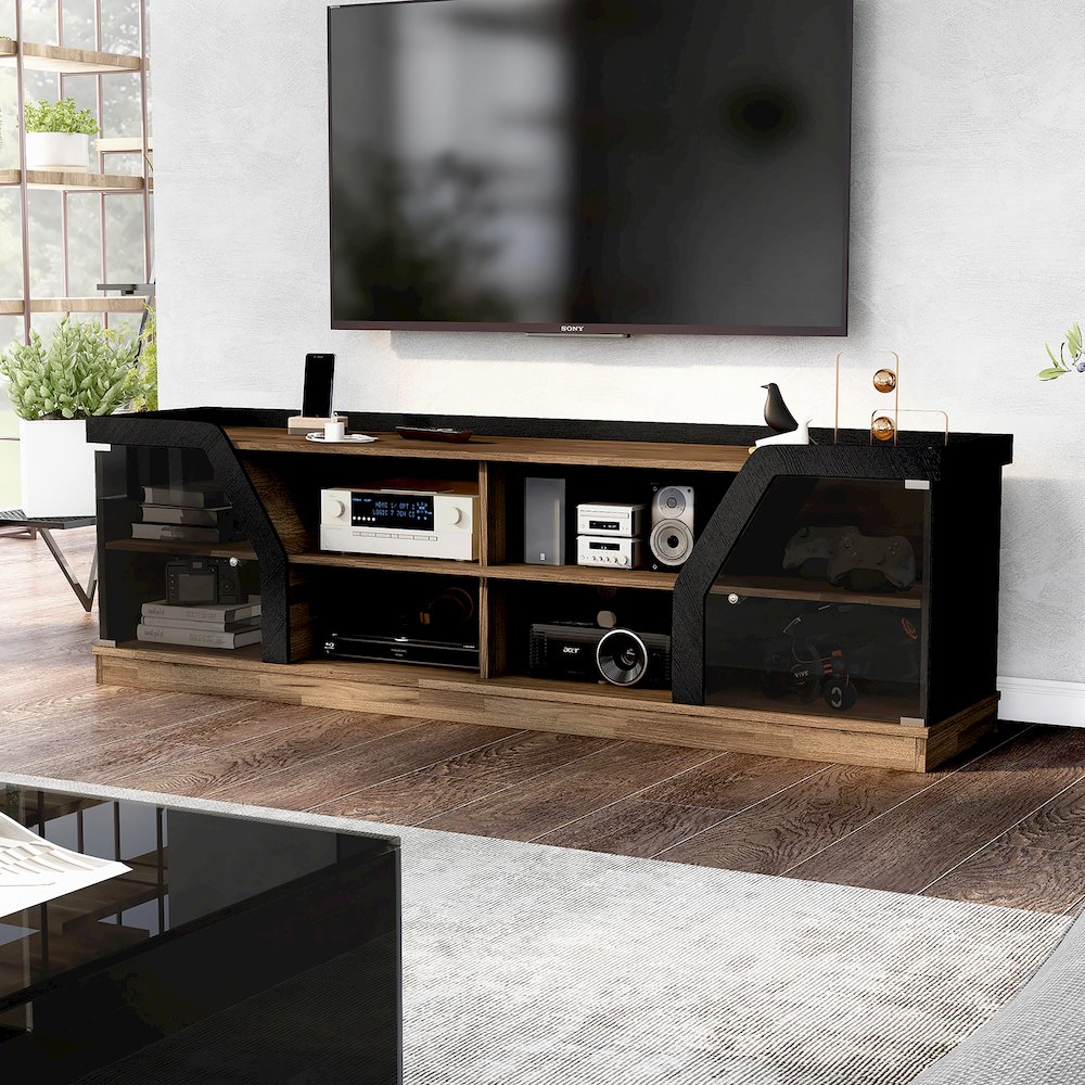 Mounthill 8-Shelf Wood 70" TV Stand with 2 Doors, Light Hickory. Picture 5
