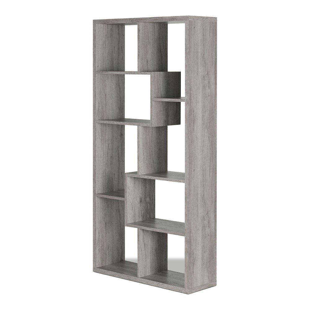 Twain Contemporary 10-Shelf Geometric Bookcase, Vintage Gray Oak. Picture 1