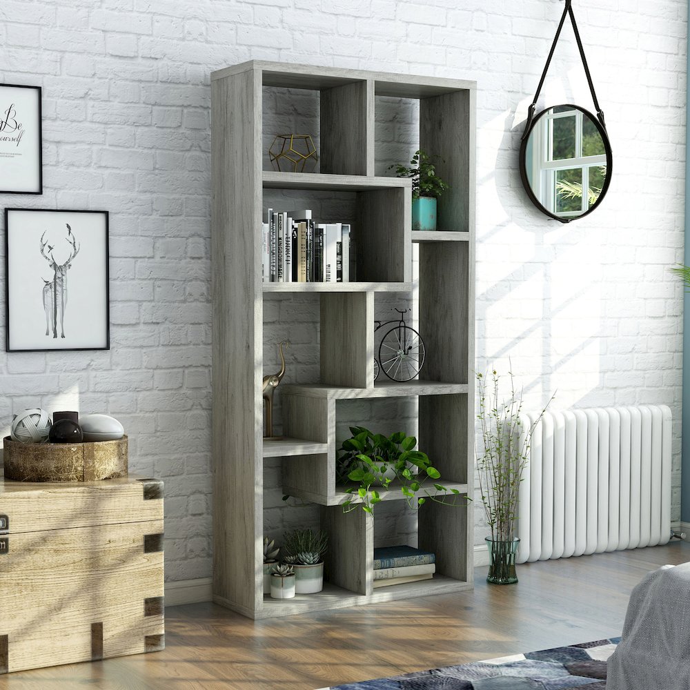 Twain Contemporary 10-Shelf Geometric Bookcase, Vintage Gray Oak. Picture 3