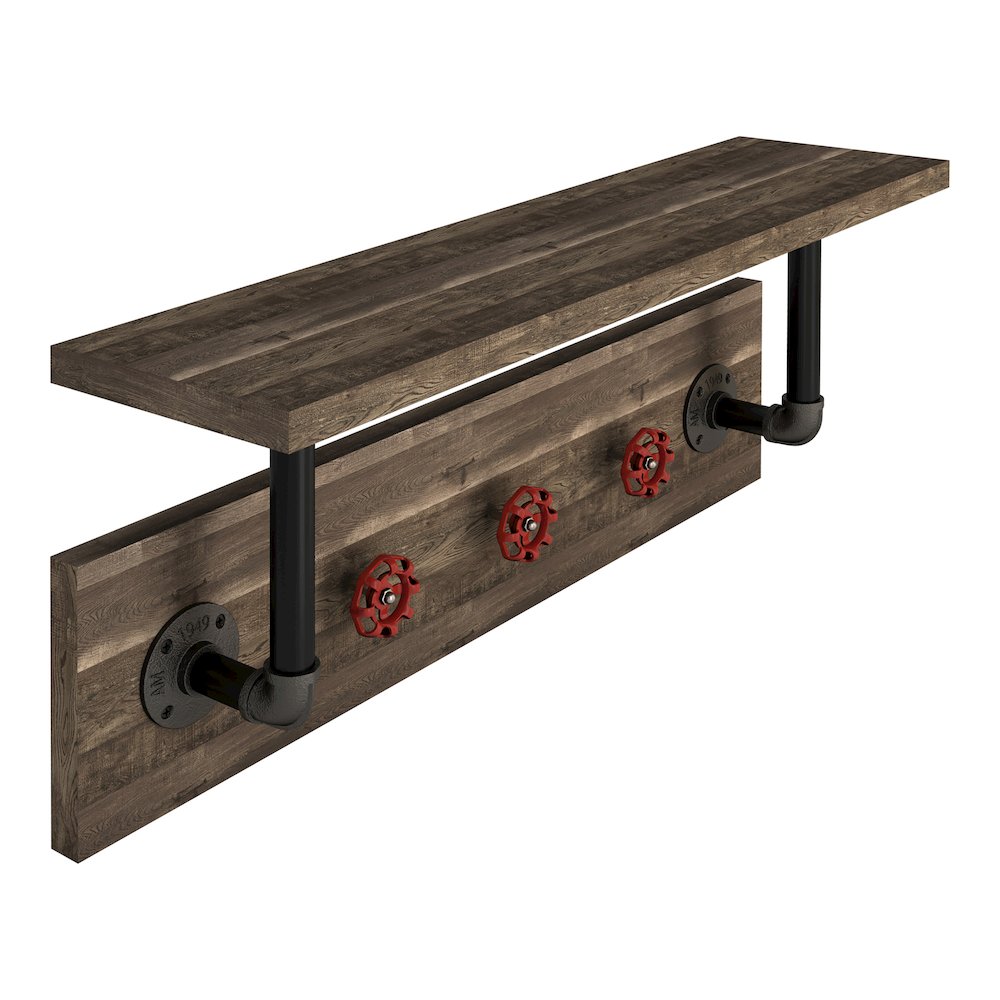 Trent 1-Shelf Wood Reclaimed Oak Decorative Wall Shelf with 3 Hooks. Picture 3