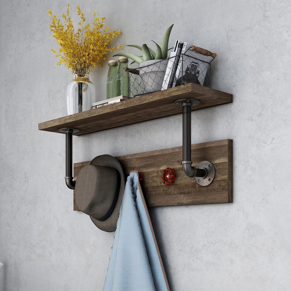 Trent 1-Shelf Wood Reclaimed Oak Decorative Wall Shelf with 3 Hooks. Picture 4