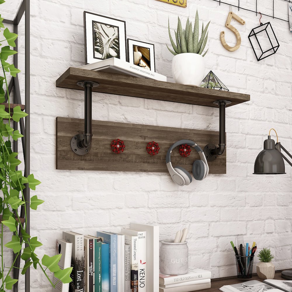 Trent 1-Shelf Wood Reclaimed Oak Decorative Wall Shelf with 3 Hooks. Picture 5