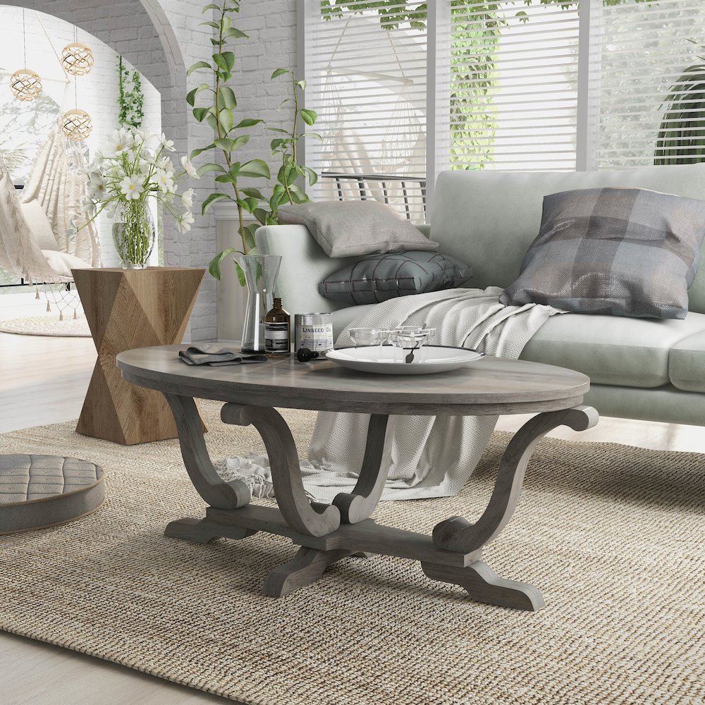 Draste Oval Wood Indoor Coffee Table, Vintage Gray Oak. Picture 5
