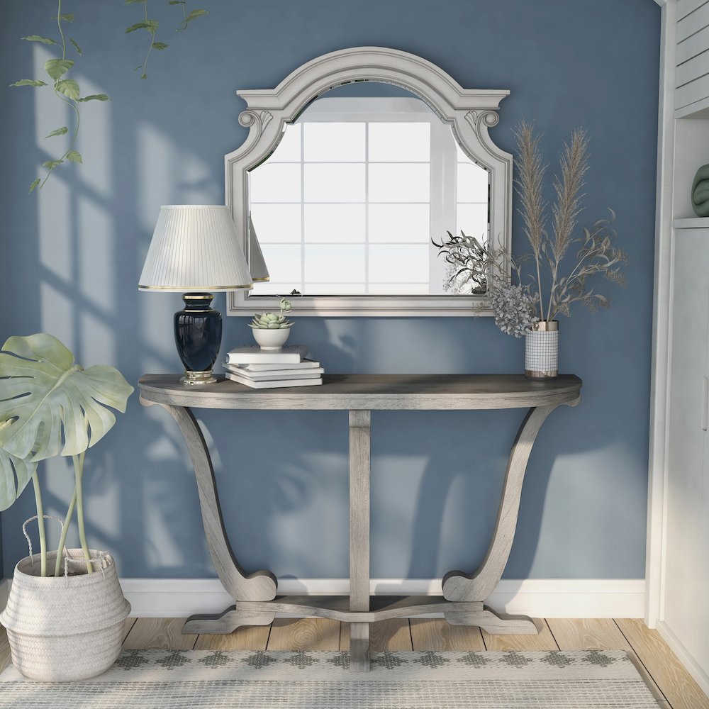 Dongola 47.95 in. Vintage Gray Oak Half Moon Wood Console Table. Picture 4
