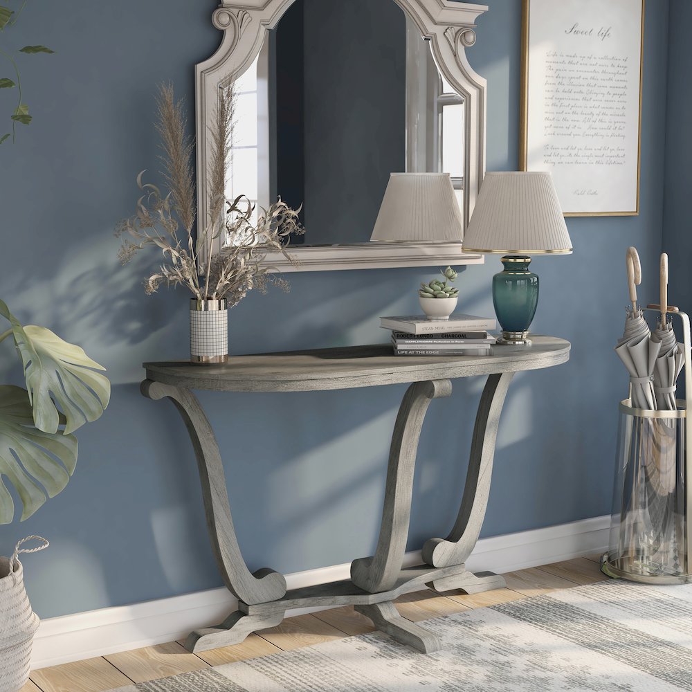 Dongola 47.95 in. Vintage Gray Oak Half Moon Wood Console Table. Picture 5