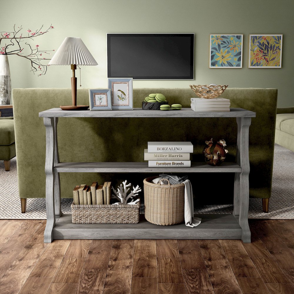 Birch Wood 2-Shelf Console Table in Vintage Gray Oak. Picture 4