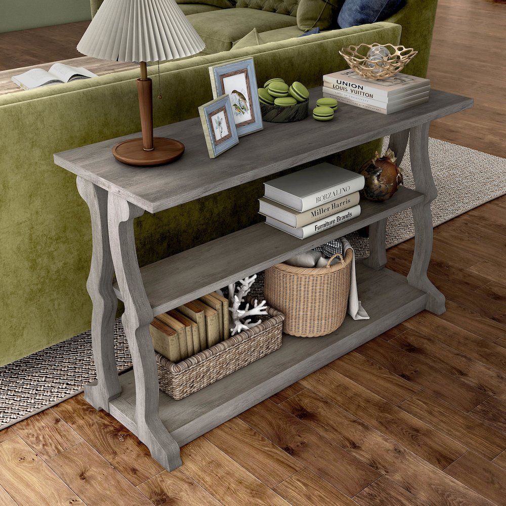 Birch Wood 2-Shelf Console Table in Vintage Gray Oak. Picture 5