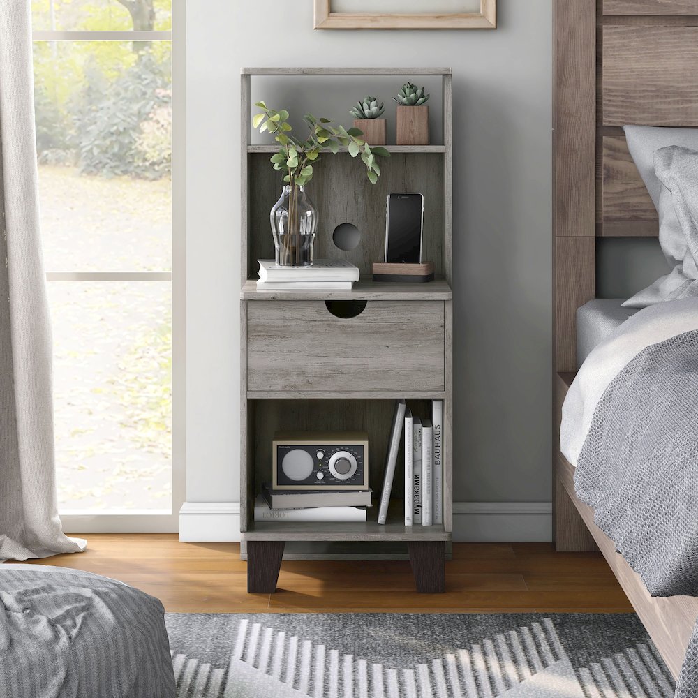 Armo 1-Drawer and 2-Shelf Wood Adult Nightstand. Picture 3