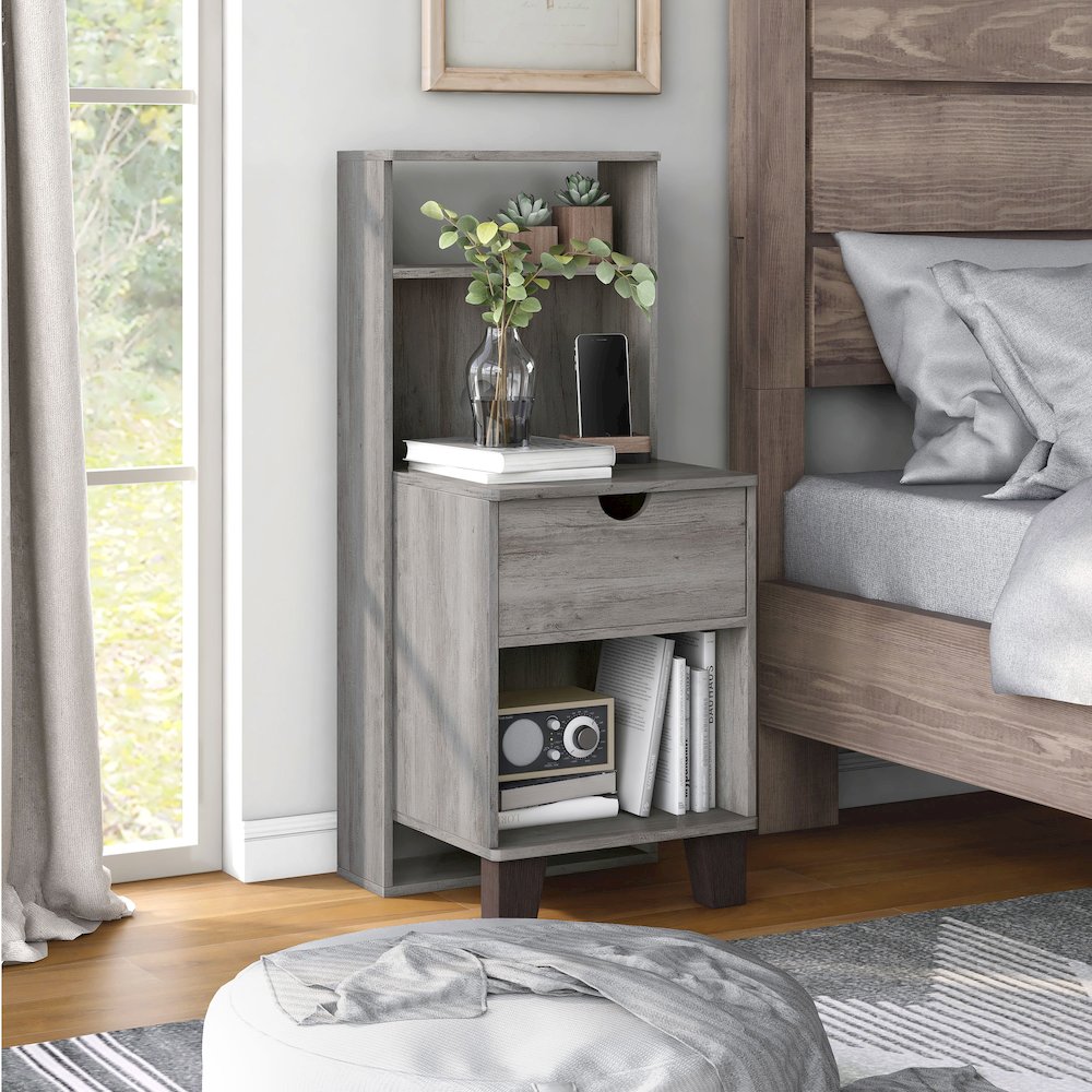 Armo 1-Drawer and 2-Shelf Wood Adult Nightstand. Picture 4
