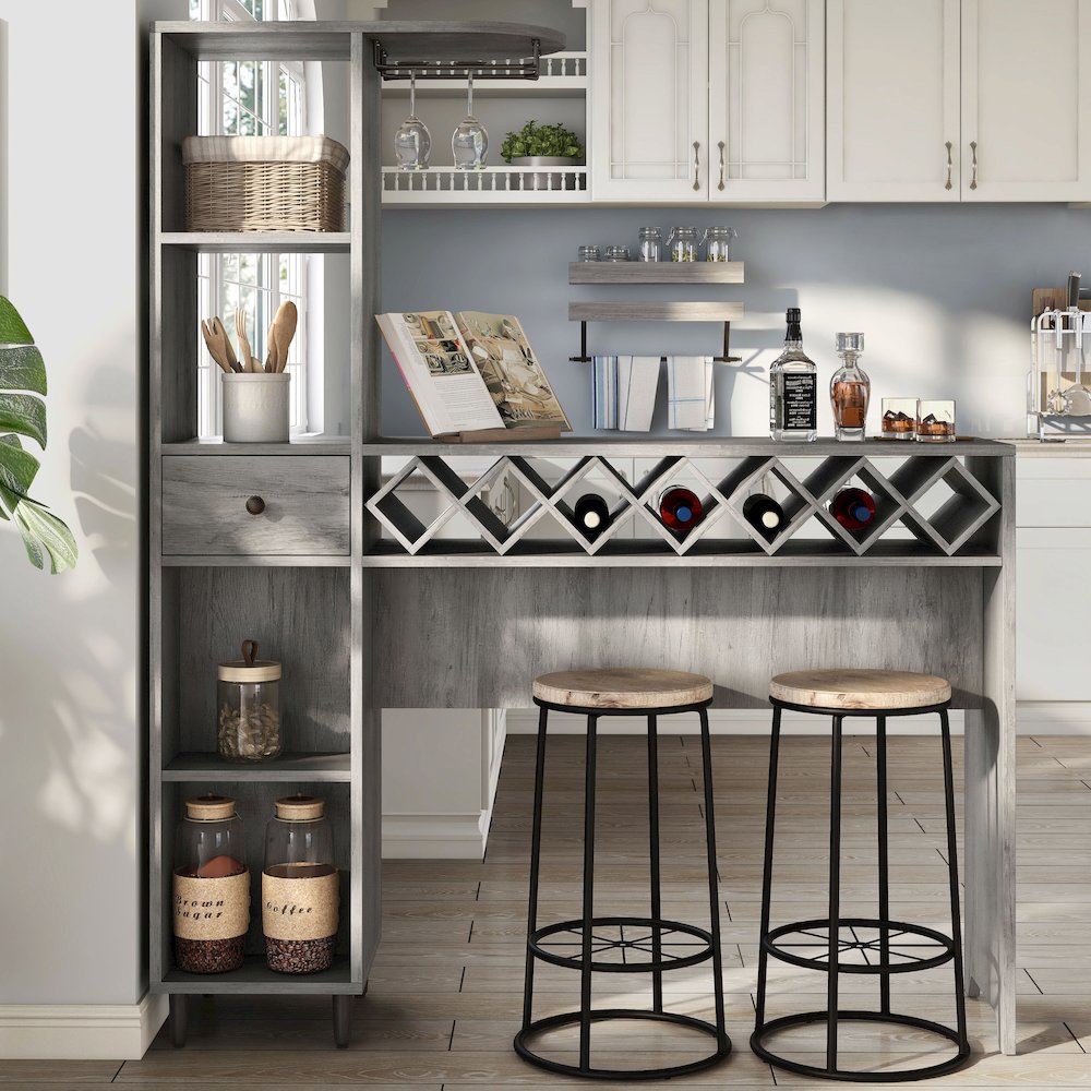 Flyn Wood Multi-Storage Bar Table in Vintage Gray Oak. Picture 5
