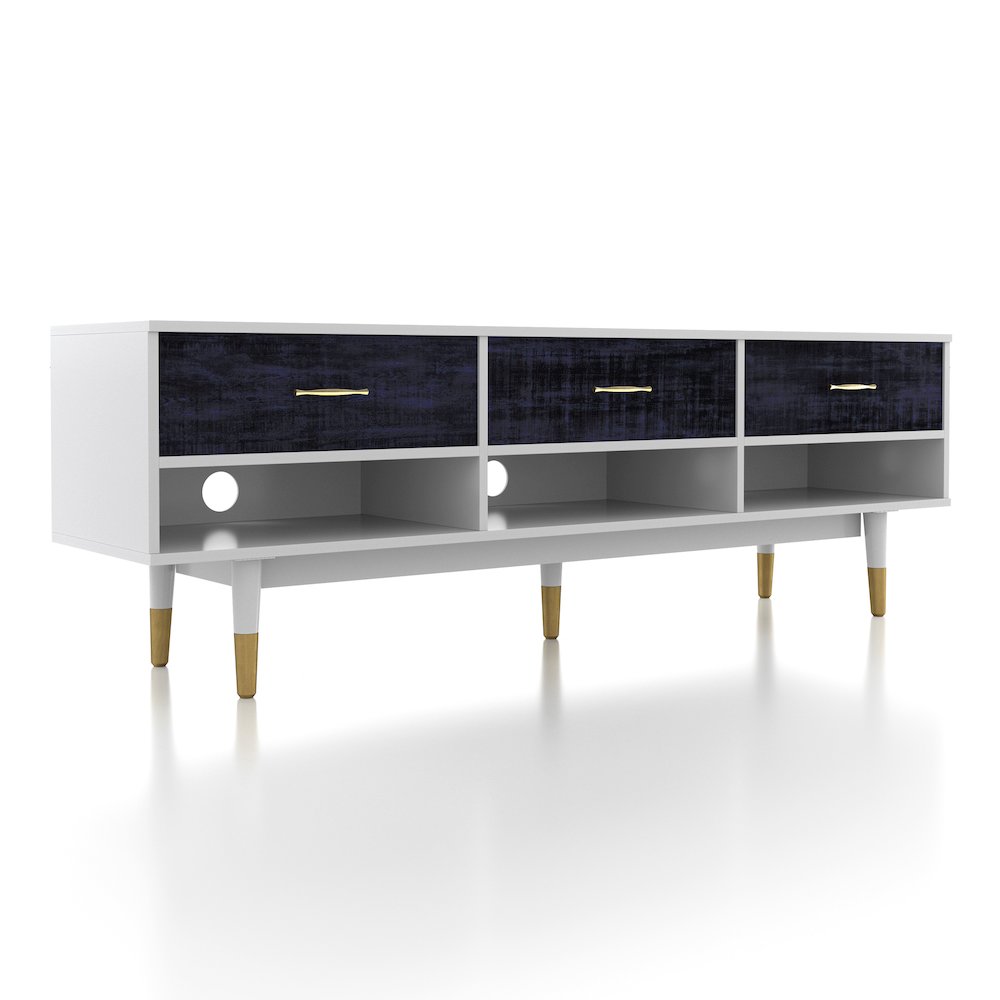 Fabiano 3-Drawer and 3-Shelf Solid Wood 70" TV Stand, Rustic Navy Blue. Picture 1