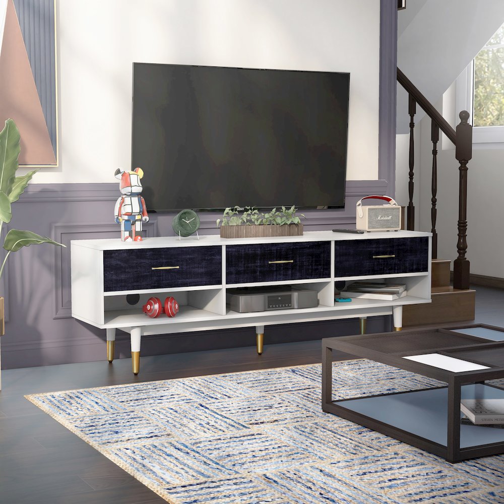 Fabiano 3-Drawer and 3-Shelf Solid Wood 70" TV Stand, Rustic Navy Blue. Picture 4
