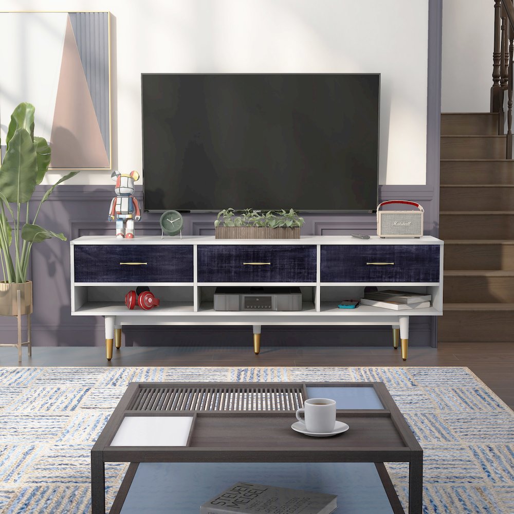 Fabiano 3-Drawer and 3-Shelf Solid Wood 70" TV Stand, Rustic Navy Blue. Picture 5