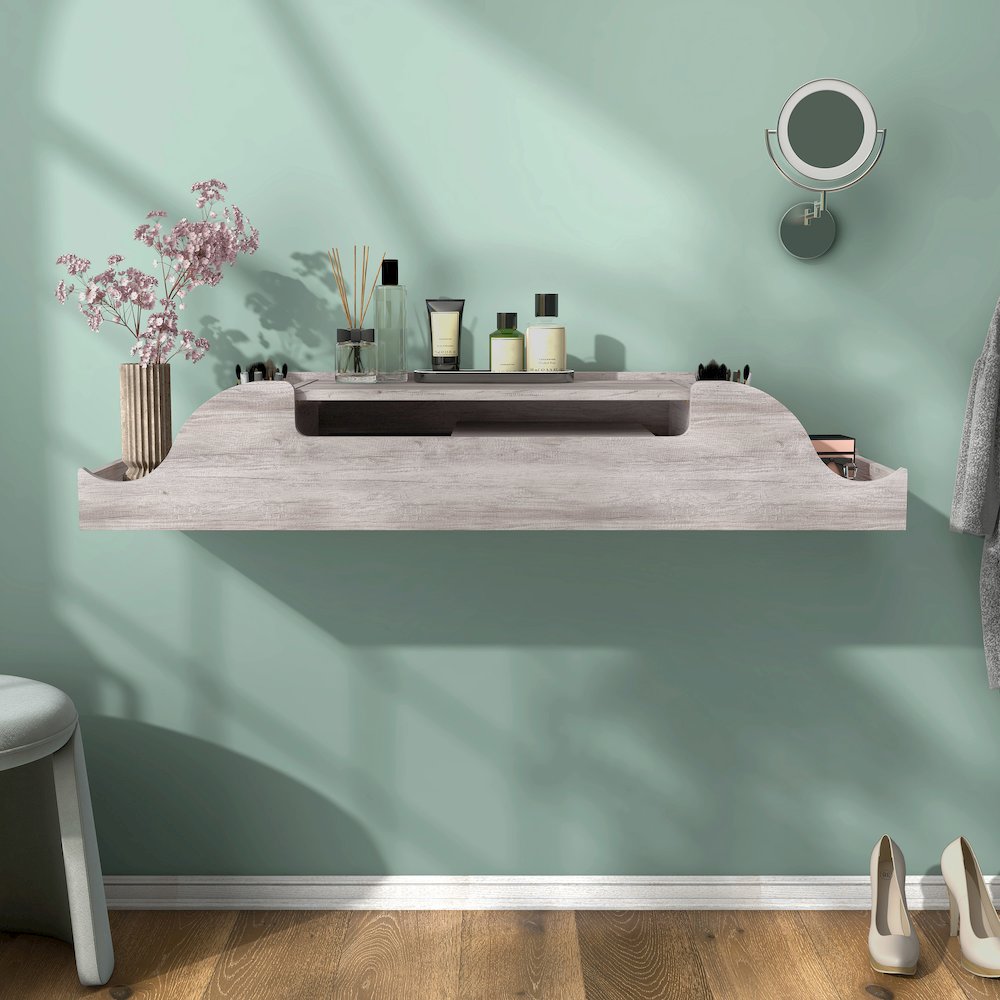 Elm Wood Wall Mounted Makeup Vanity. Picture 5