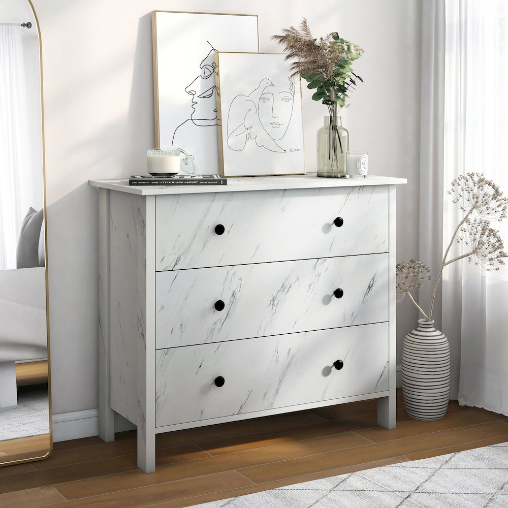 Knott Contemporary Wood 3-Drawer Chest in White. Picture 4
