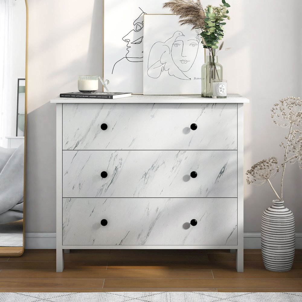 Knott Contemporary Wood 3-Drawer Chest in White. Picture 5