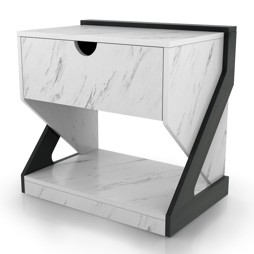 Glanz 24"W Wood 1-Drawer Nightstand in White Marble. Picture 1