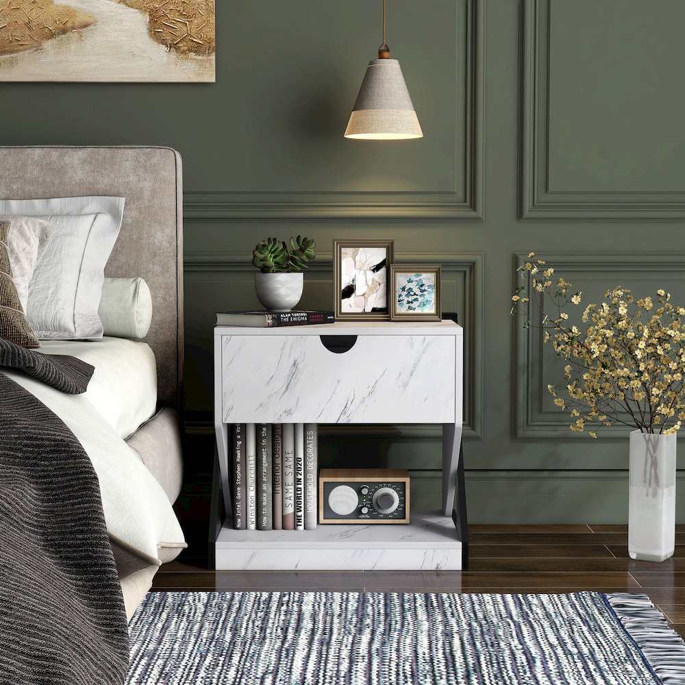 Glanz 24"W Wood 1-Drawer Nightstand in White Marble. Picture 5