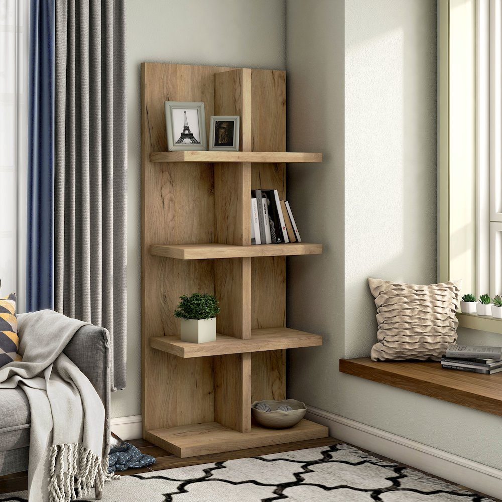 Santo Wood 4-Shelf Bookcase in Light Oak. Picture 3