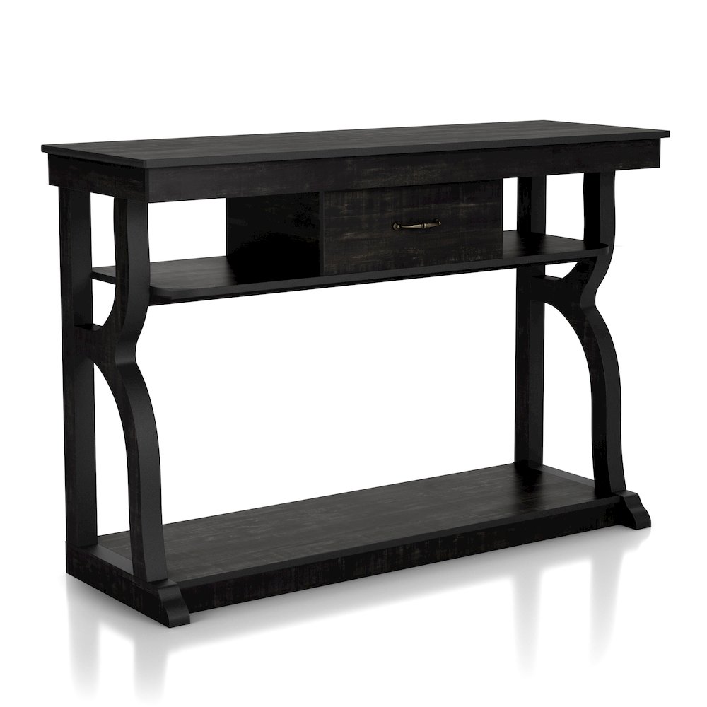 Seche Farmhouse Wood 1-Drawer Console Table in Black. Picture 1