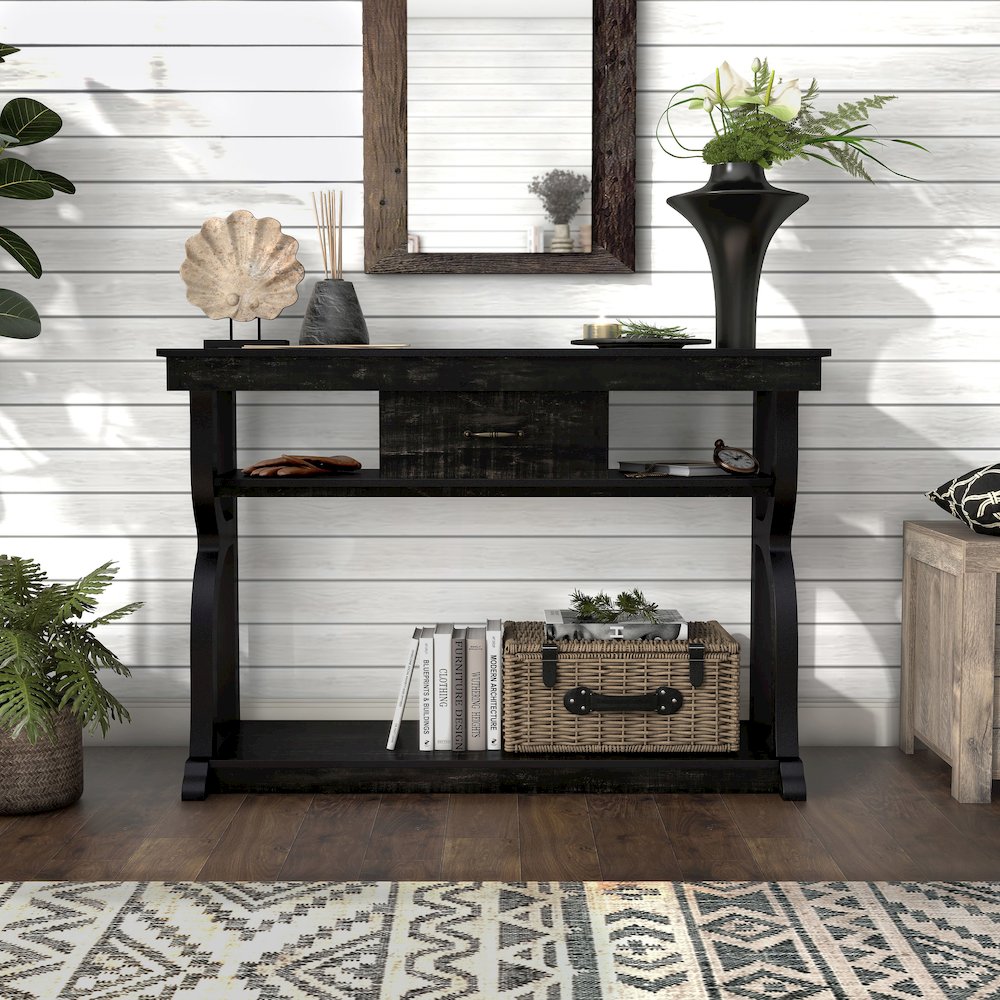 Seche Farmhouse Wood 1-Drawer Console Table in Black. Picture 4