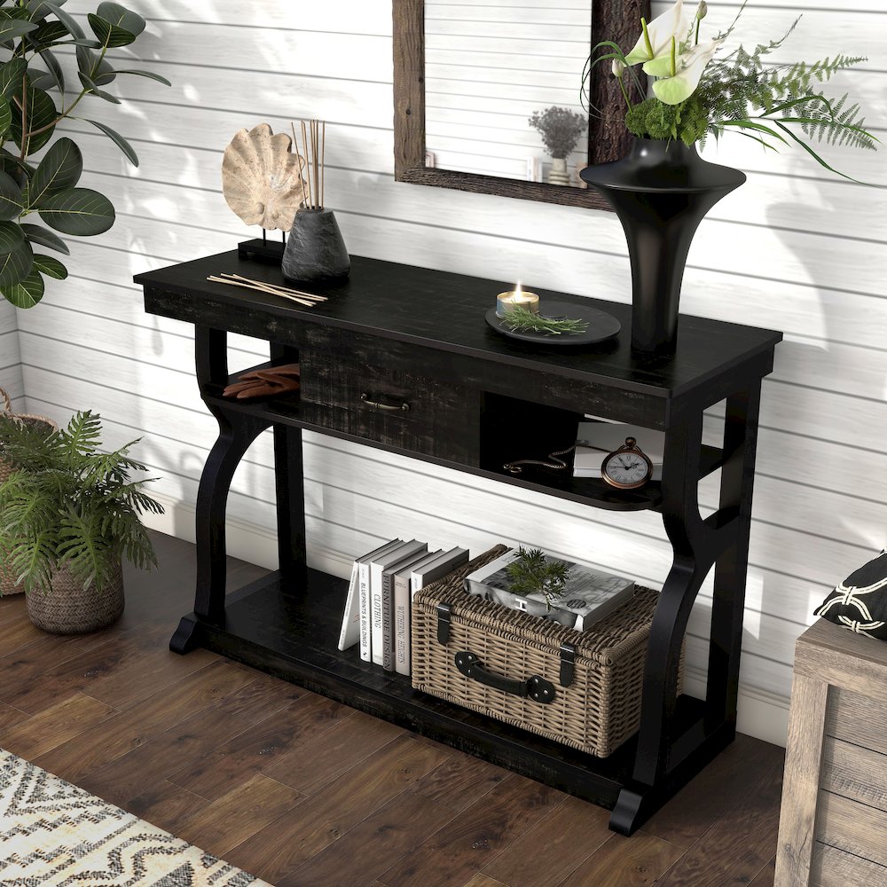 Seche Farmhouse Wood 1-Drawer Console Table in Black. Picture 5