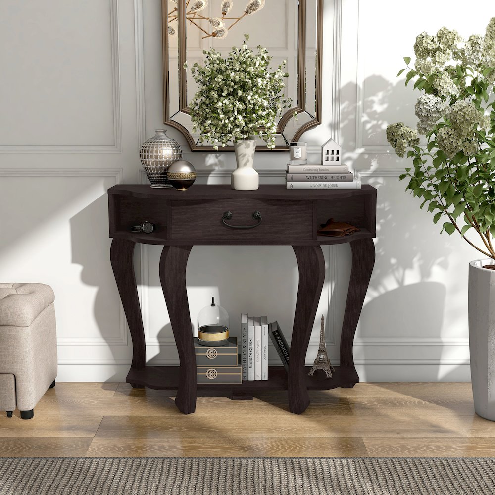 Jale Wood 1-Drawer Console Table with Shelf in Espresso. Picture 3