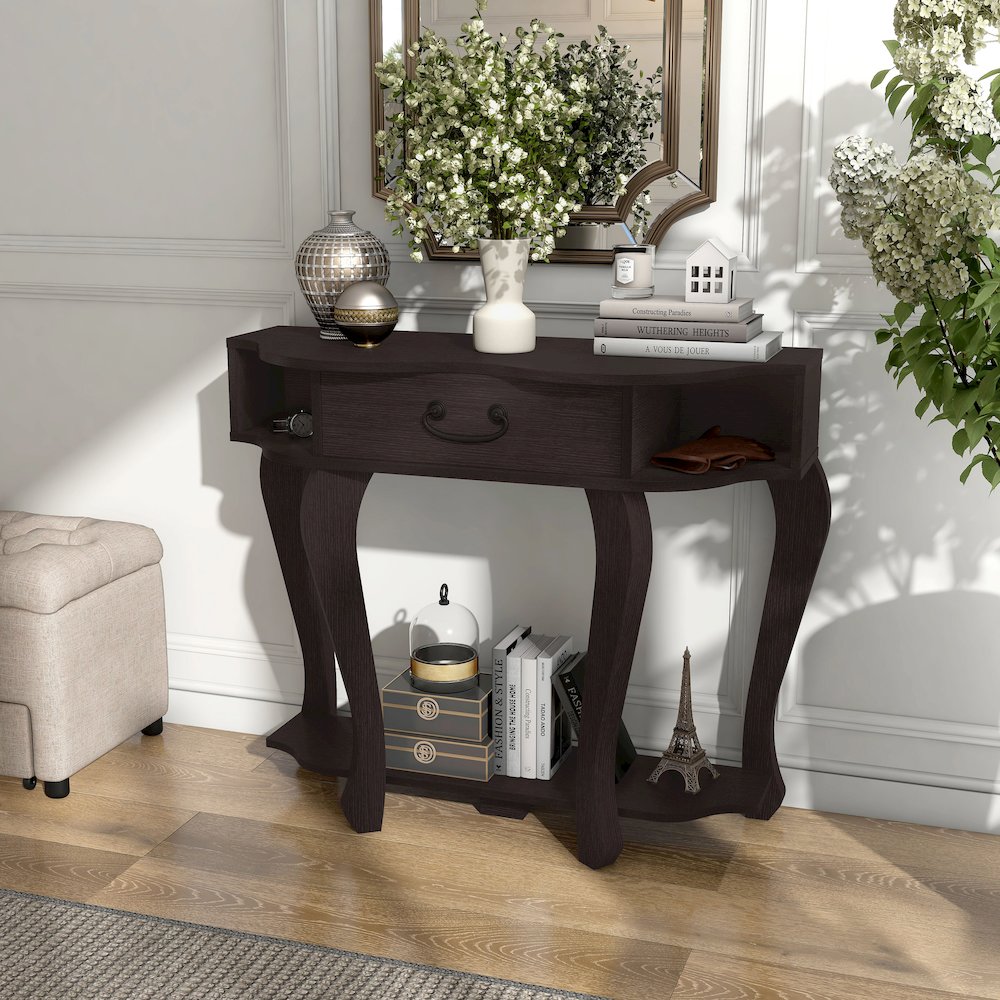 Jale Wood 1-Drawer Console Table with Shelf in Espresso. Picture 4