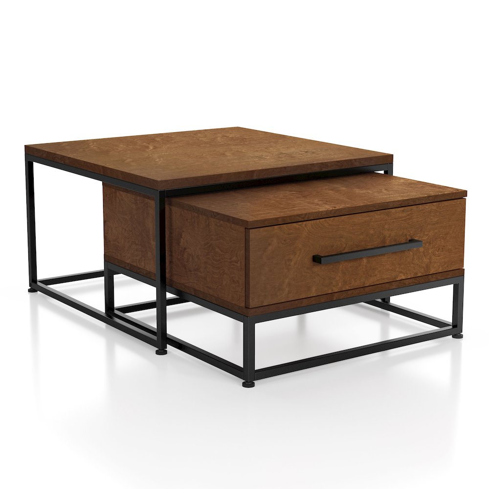 Noote Wood 2-Piece Nesting Tables Set with Drawer in Brown. Picture 3