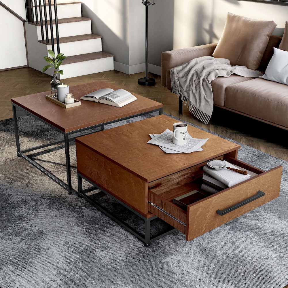 Noote Wood 2-Piece Nesting Tables Set with Drawer in Brown. Picture 4