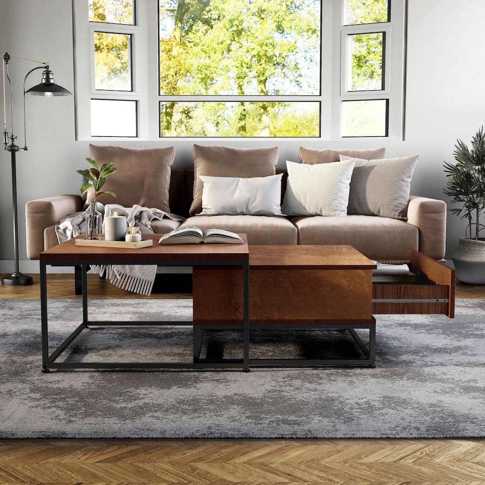 Noote Wood 2-Piece Nesting Tables Set with Drawer in Brown. Picture 5