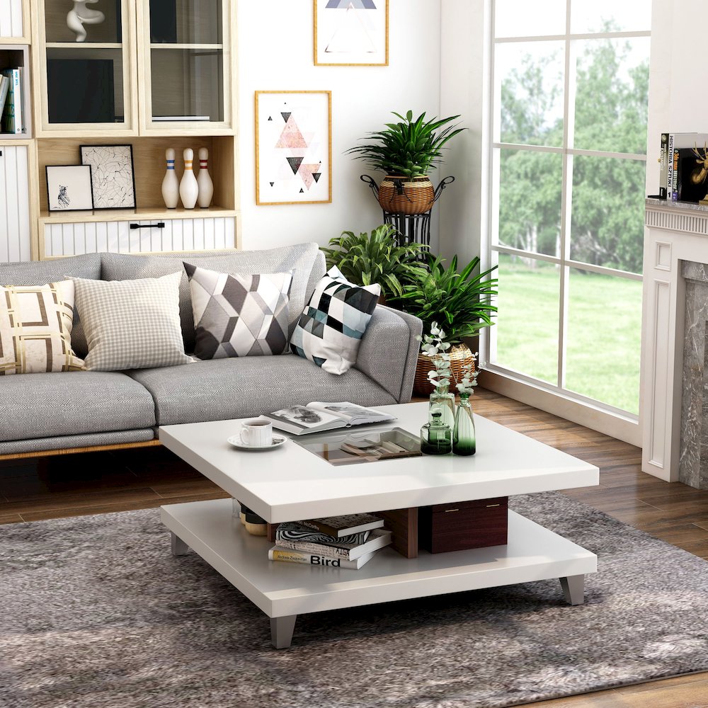 Calloway Wood Square Coffee Table with Storage in White. Picture 2