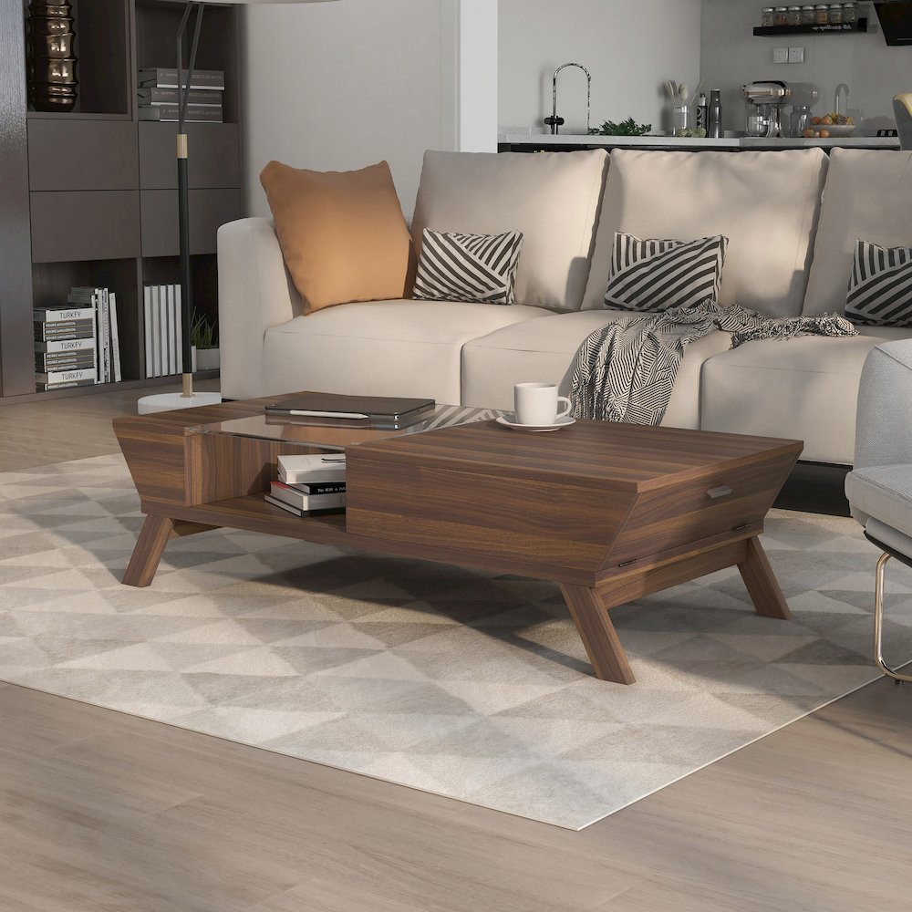 Soto Contemporary Wood Coffee Table with Storage in Walnut. Picture 4