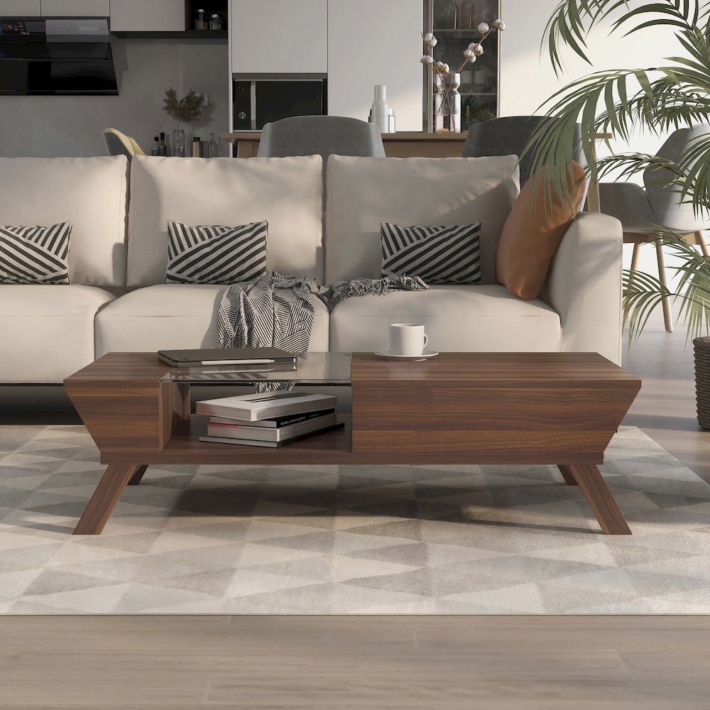 Soto Contemporary Wood Coffee Table with Storage in Walnut. Picture 5
