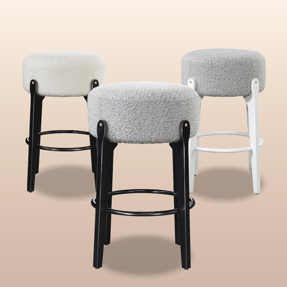 Ellie 29 in. Black Backless Wood Bar Stool with White Boucle Fabric Seat (Set of 2). Picture 7
