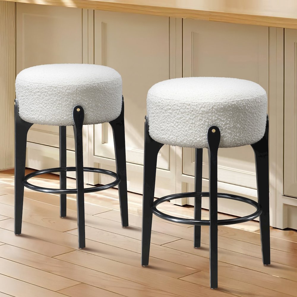 Ellie 29 in. Black Backless Wood Bar Stool with White Boucle Fabric Seat (Set of 2). Picture 2
