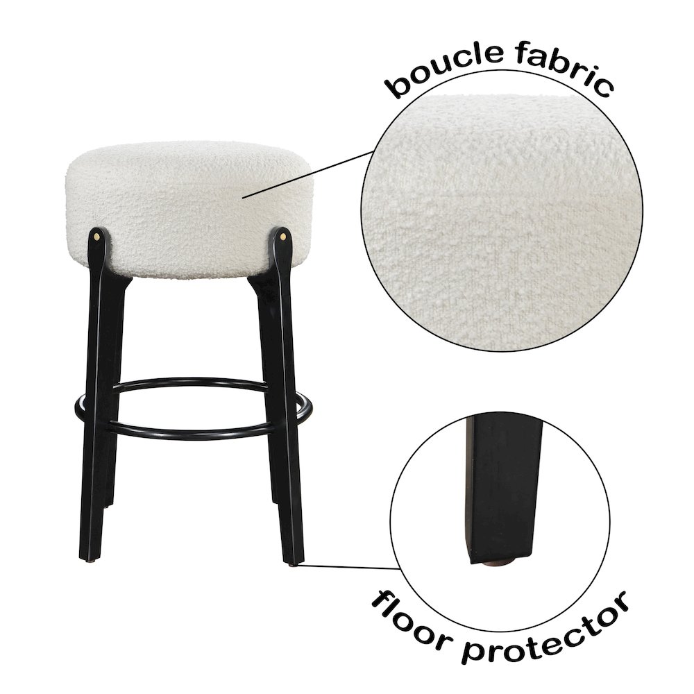 Ellie 29 in. Black Backless Wood Bar Stool with White Boucle Fabric Seat (Set of 2). Picture 5