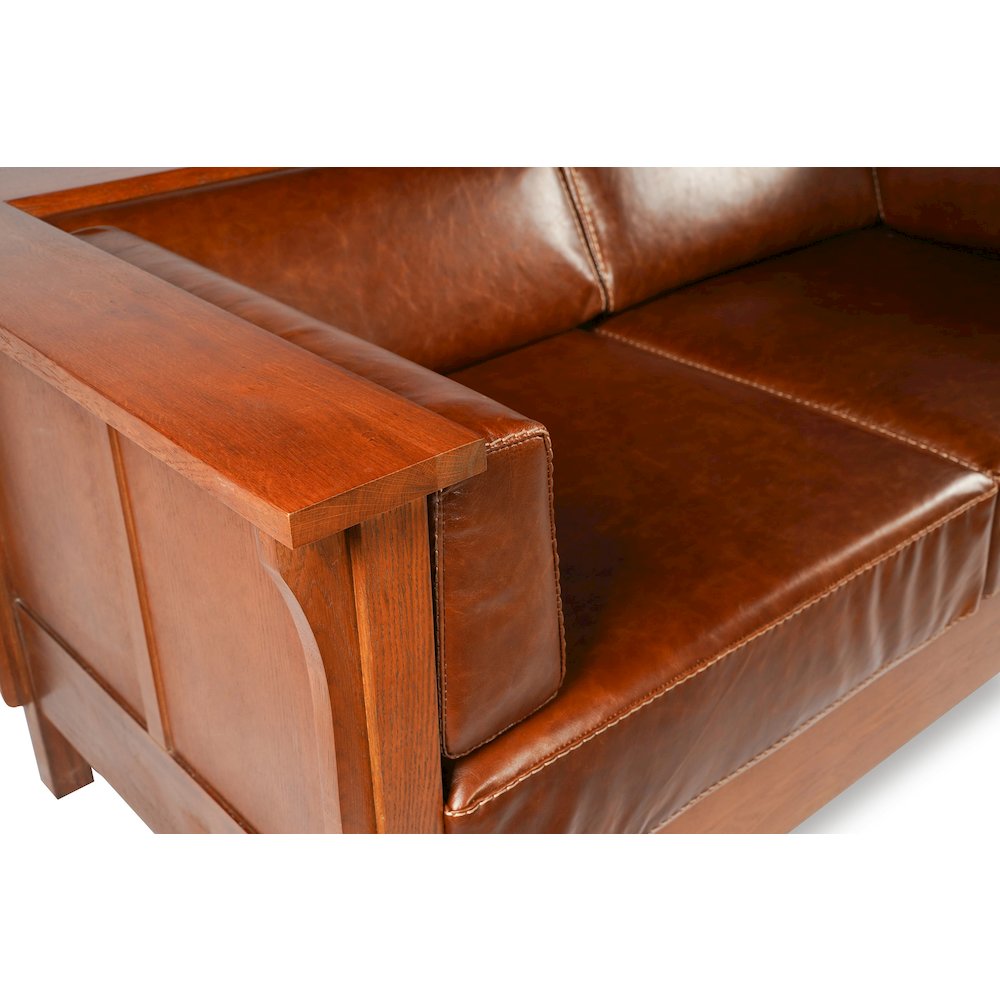 Craftsman Cubic Panel Side Love Seat - Chestnut Brown Leather. Picture 4