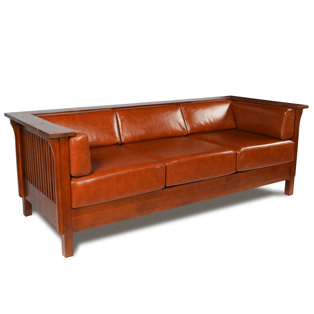 Mission / Craftsman Cubic Slat Side Sofa - Russet Brown Leather. Picture 1