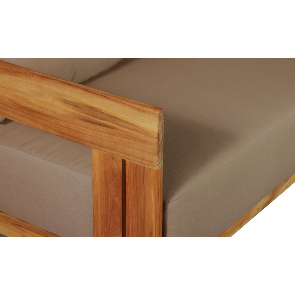 Paradiso Outdoor Solid Teak Wood Sofa - Light Brown Fabric. Picture 5