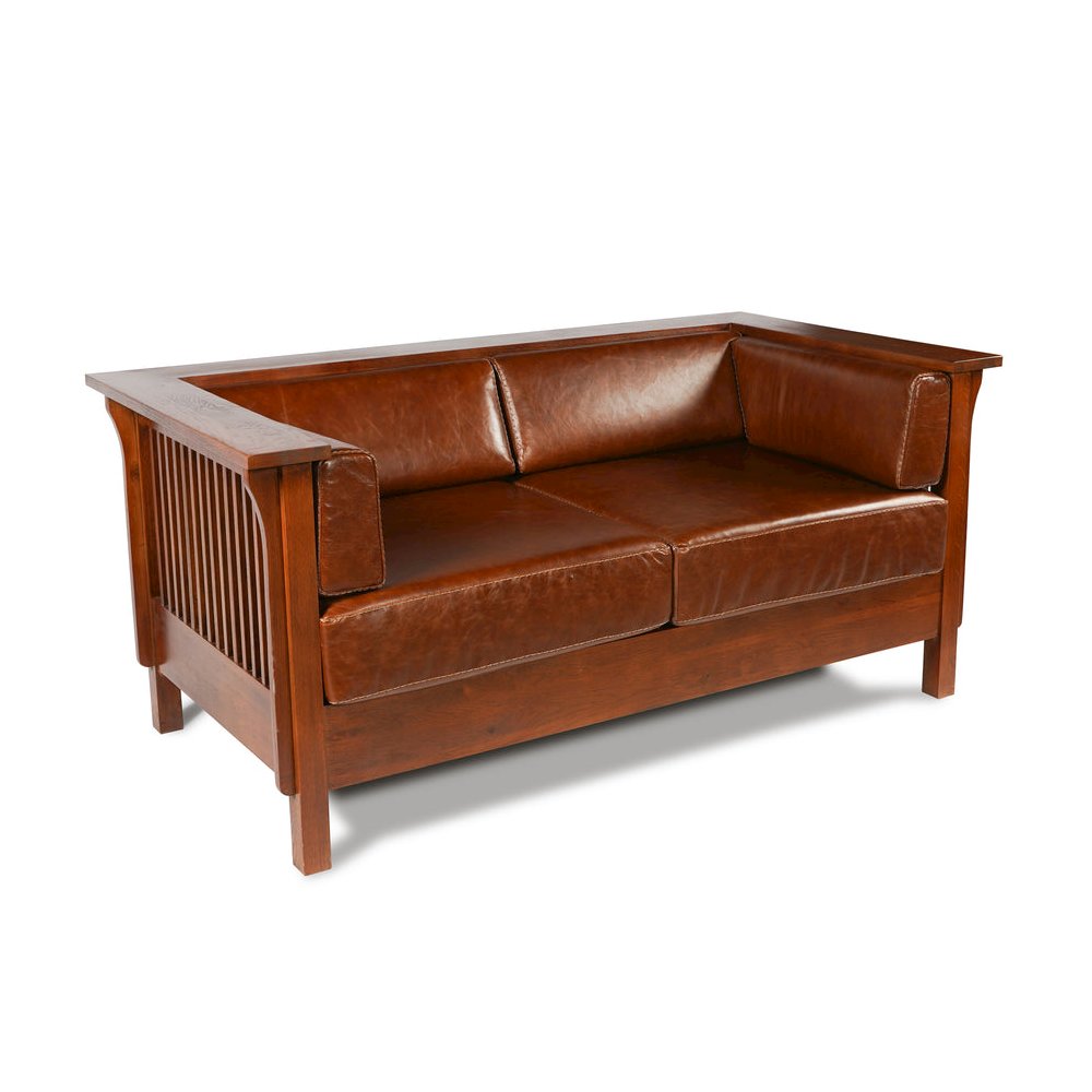 Preorder Mission / Craftsman Cubic Slat Side Love Seat - Chestnut Brown Leather. Picture 1