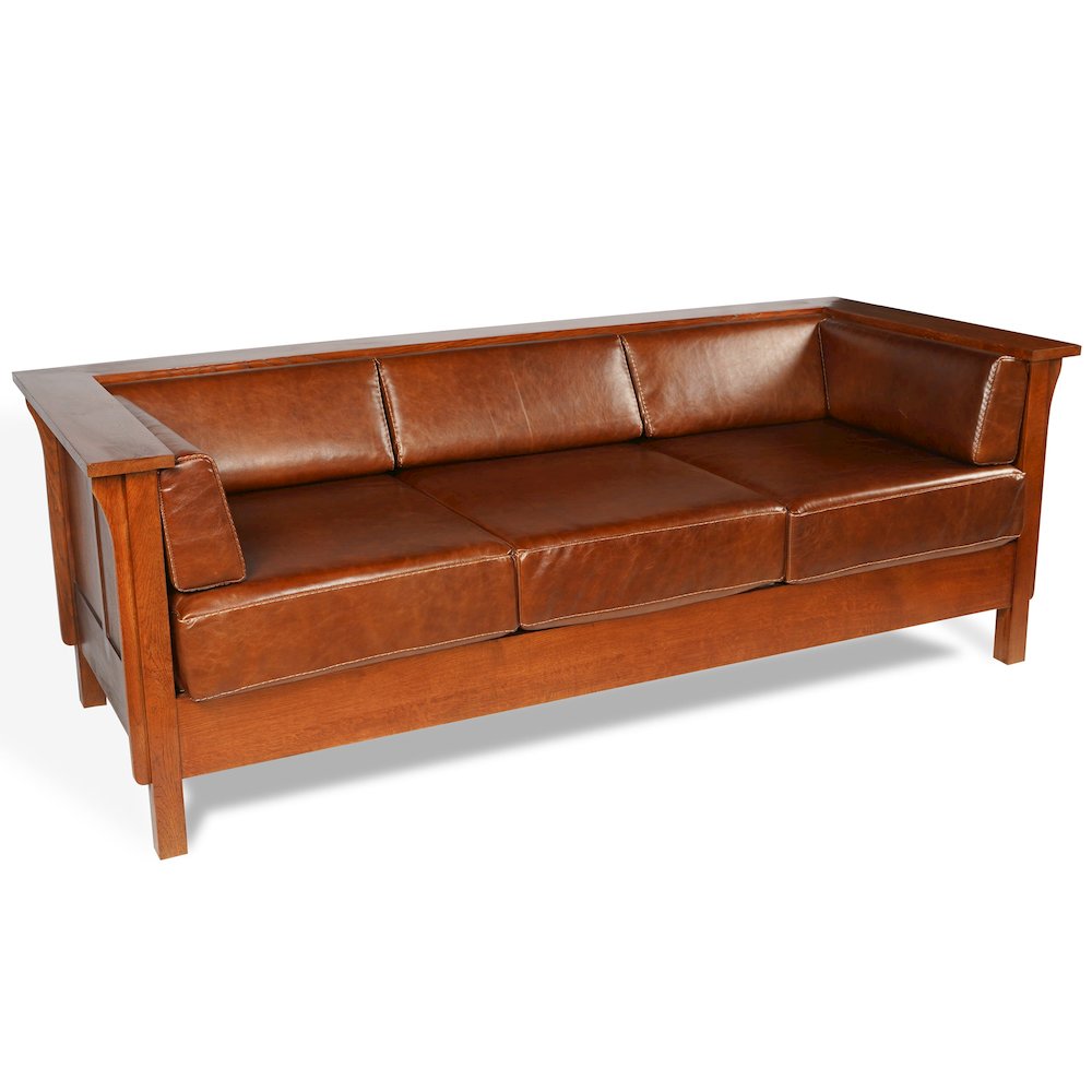 Craftsman Cubic Panel Side Sofa - Chestnut Brown Leather. Picture 1