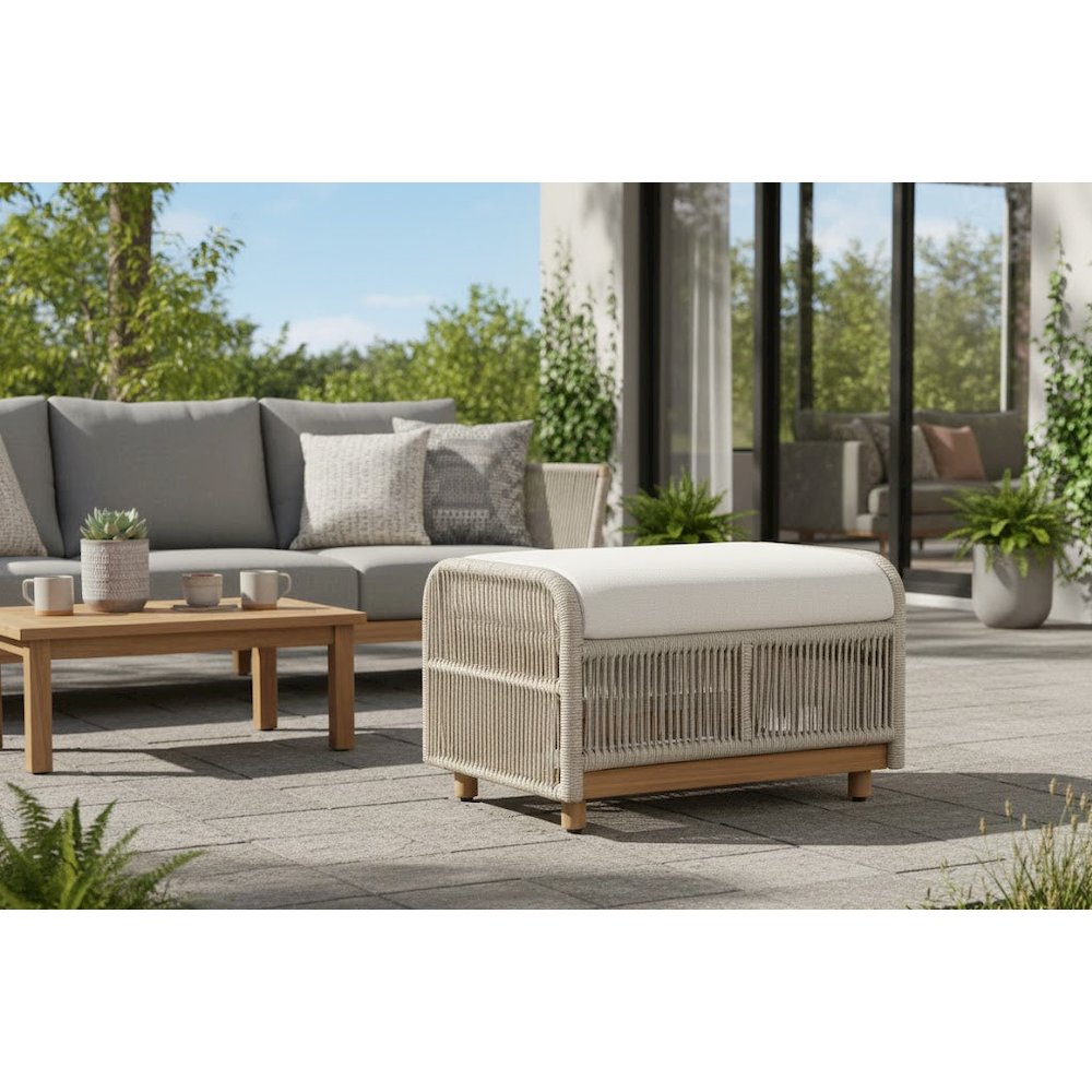 Alpine Teak Wood Outdoor Ottoman with Biege Rope Design. Picture 2