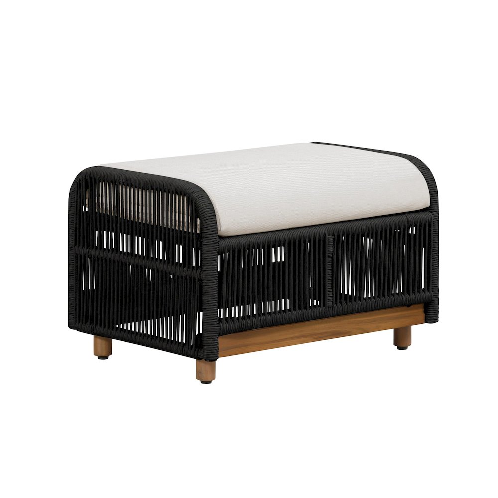 Alpine Teak Wood Outdoor Ottoman with Black - Rope Design. Picture 3